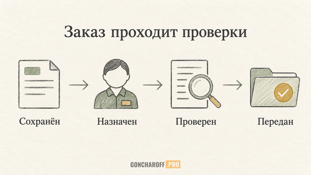 Заказ последовательно сохраняется, получает ответственного, проходит проверку данных и подтверждение передачи