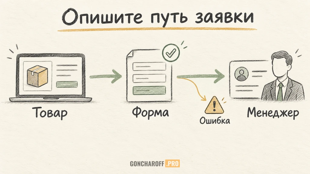 Выбранный товар и данные формы проходят от посетителя к обращению менеджера с подтверждением передачи