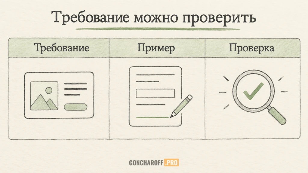 Таблица связывает требование к сайту, рабочий пример и проверку результата