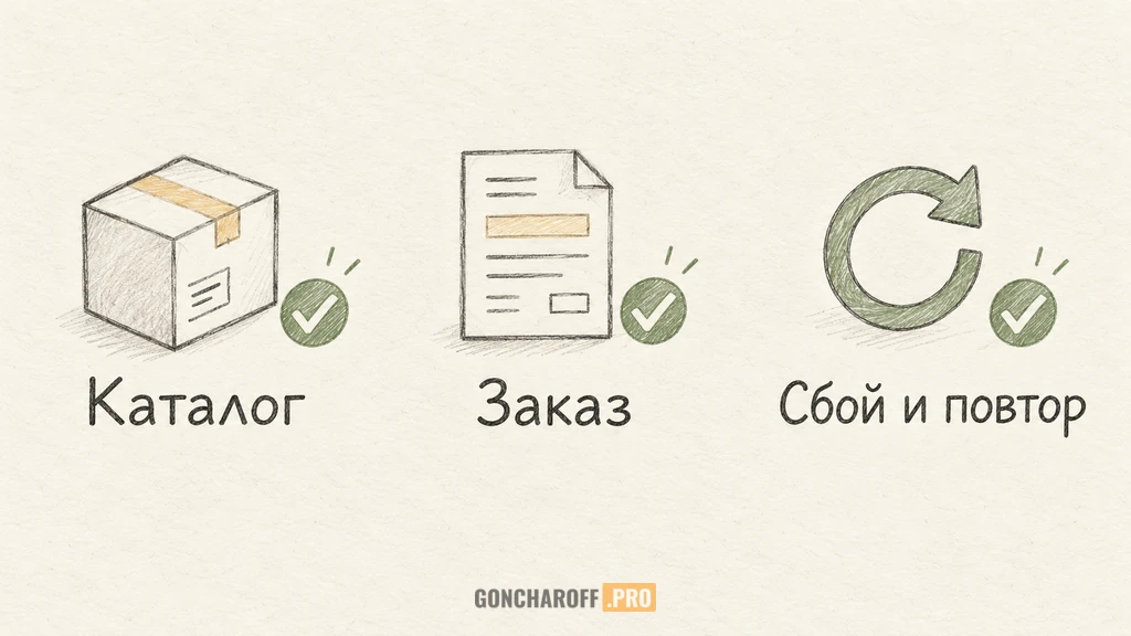 Приёмка обмена отдельно проверяет каталог, заказ и восстановление после сбоя