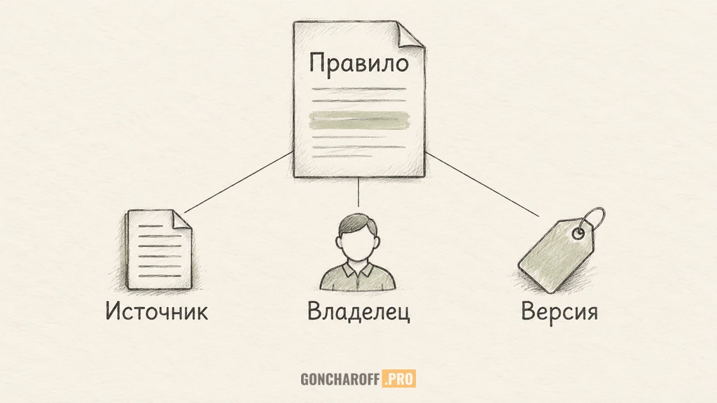 Материал базы знаний: правило компании, ответственный сотрудник и актуальная версия