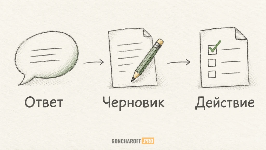 Три результата обработки обращения: ответ бота, черновик помощника и выполненная задача агента