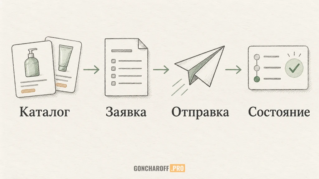 Путь повторного оптового заказа: каталог, состав заявки, отправка и состояние