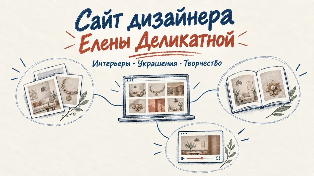 Сайт дизайнера Елены Деликатной: рисованная инфографика о портфолио, украшениях, книге и видео