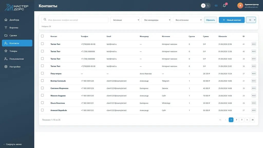 Контакты и связанные сделки в CRM Мастер Дорс
