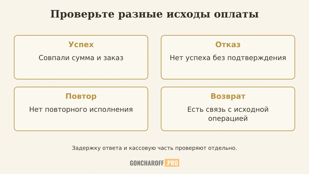 Приёмка оплаты: успешный платёж, отказ, повторная попытка и возврат