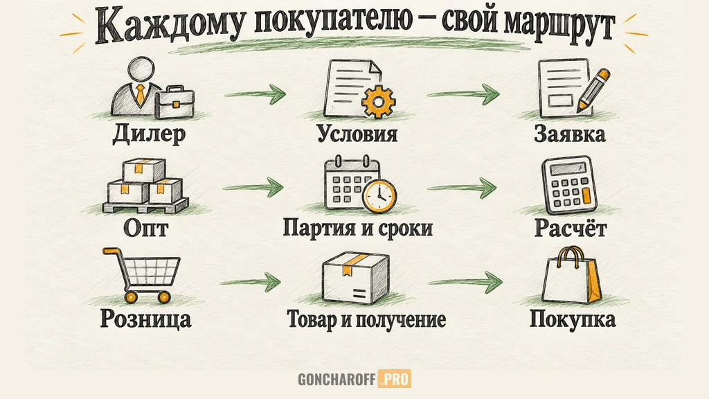Маршруты дилера, оптовика и розничного покупателя на сайте производителя