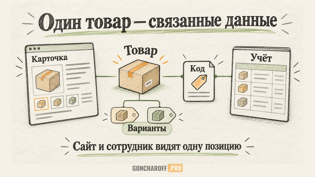 Связь кода товара, вариантов, карточки и учётных данных