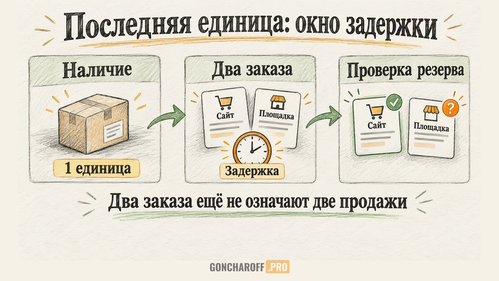Условный сценарий заказа последней единицы в двух каналах с задержкой обмена